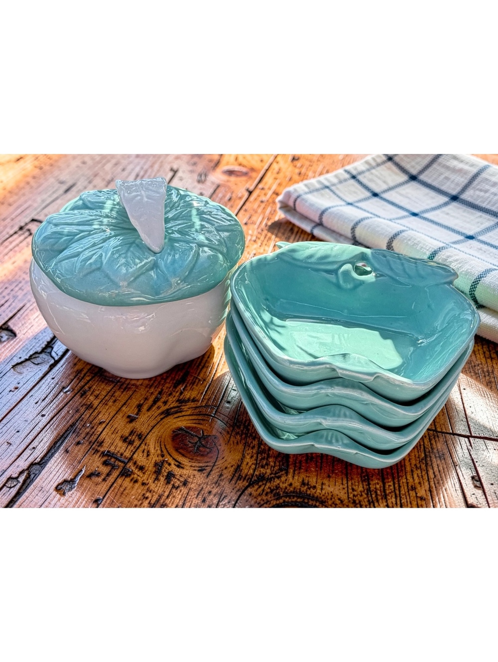 Vintage Hoenig of California Turquoise Apple Snack Set 5 Piece MCM Pottery